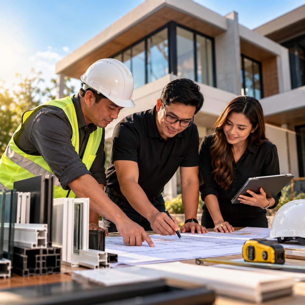 collaborative blueprint planning at a modern build