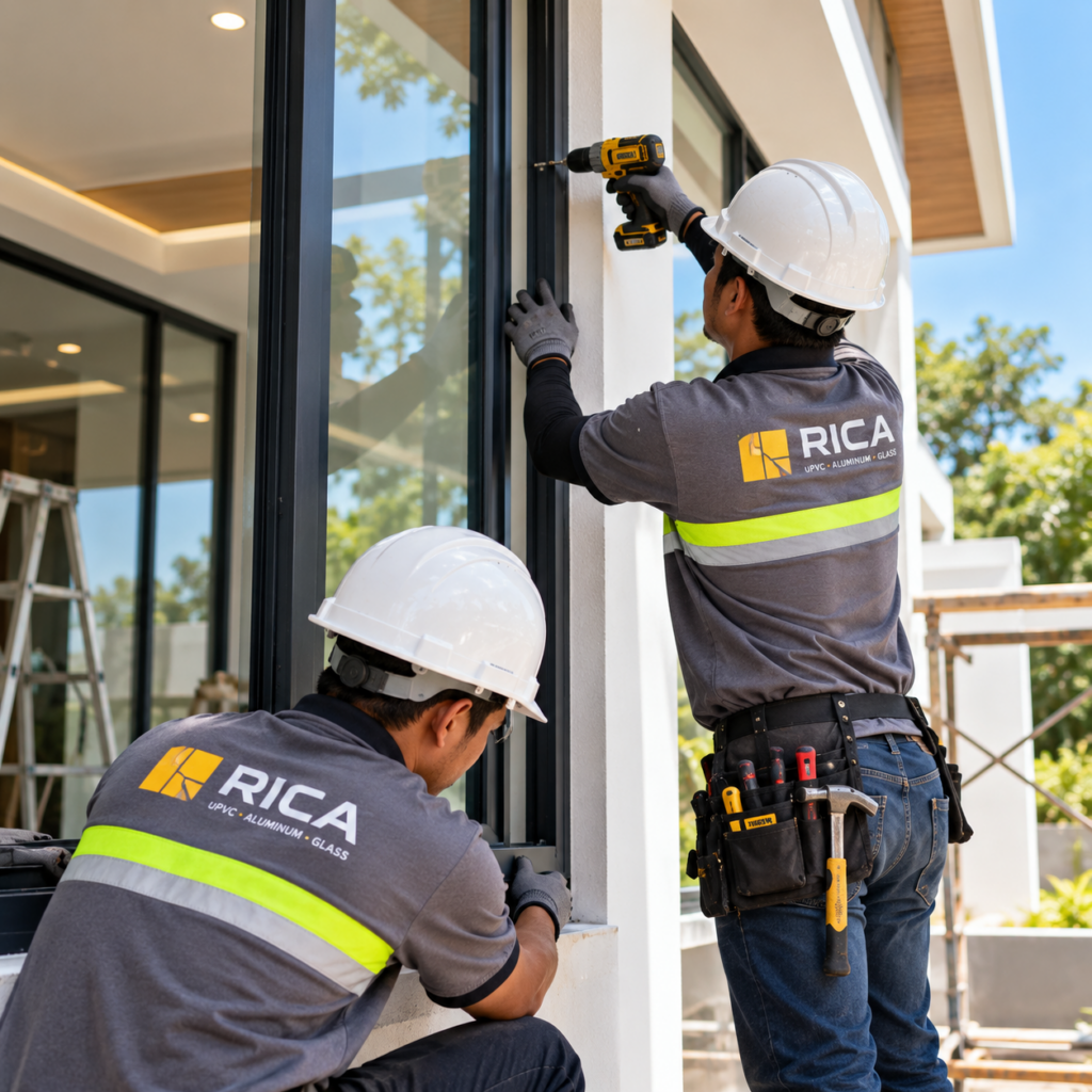 rica workers installing modern glass frame